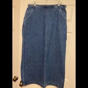 Long Denim skirt. Size 12  side zip with one button